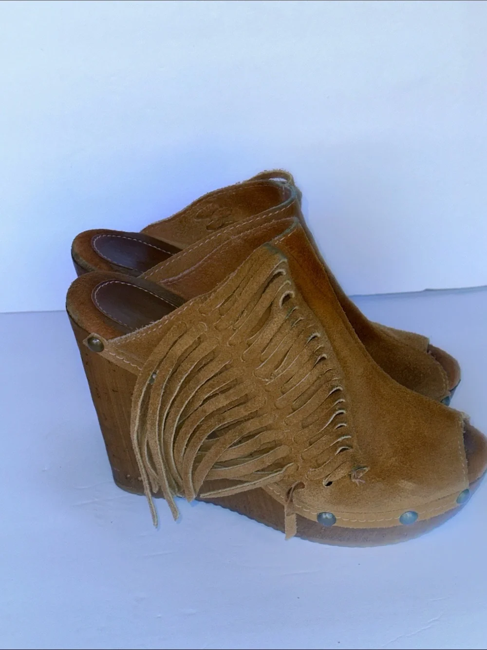 Sbicca Vintage Collection tan suede fringed wedge sandals w/ a wooden platform
